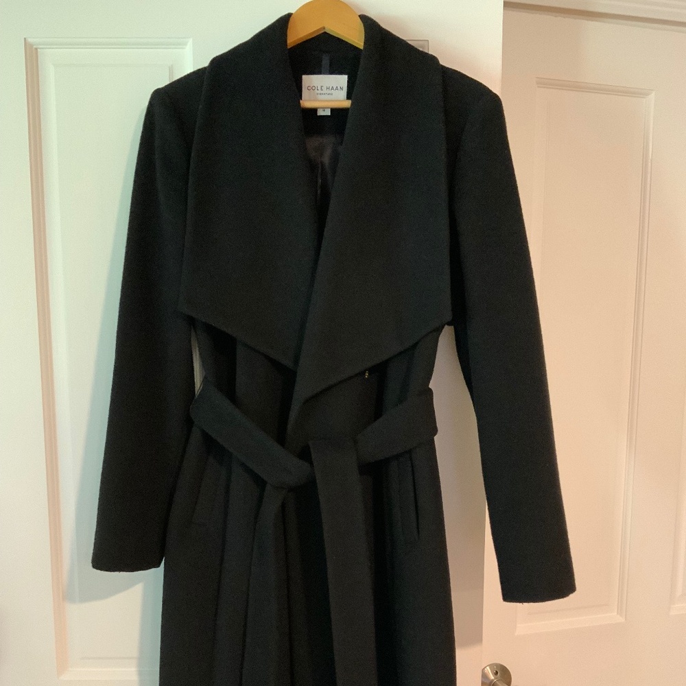 Belted Wrap Coat Cole Haan wool blend black size 14 (slimmer fit like a 12/14)